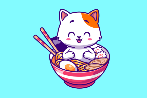 Download Cute Cat in Ramen Noodle Bowl Cartoon - Noodle Collection