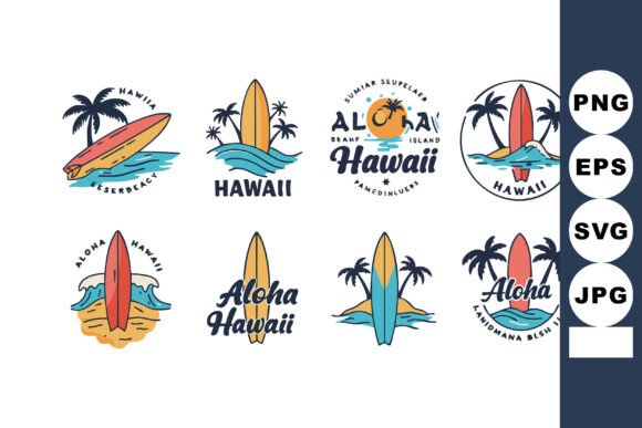 Download Hawaii Surfboard and Palm Tree Vector Ic - Premium Bundle